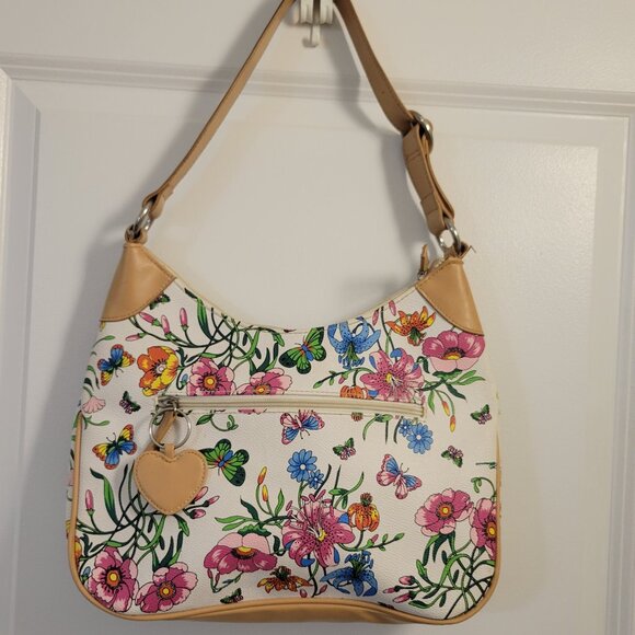 Vintage Shoulder Purse with Floral and Butterfly Pattern and Heart Tag - Picture 1 of 12